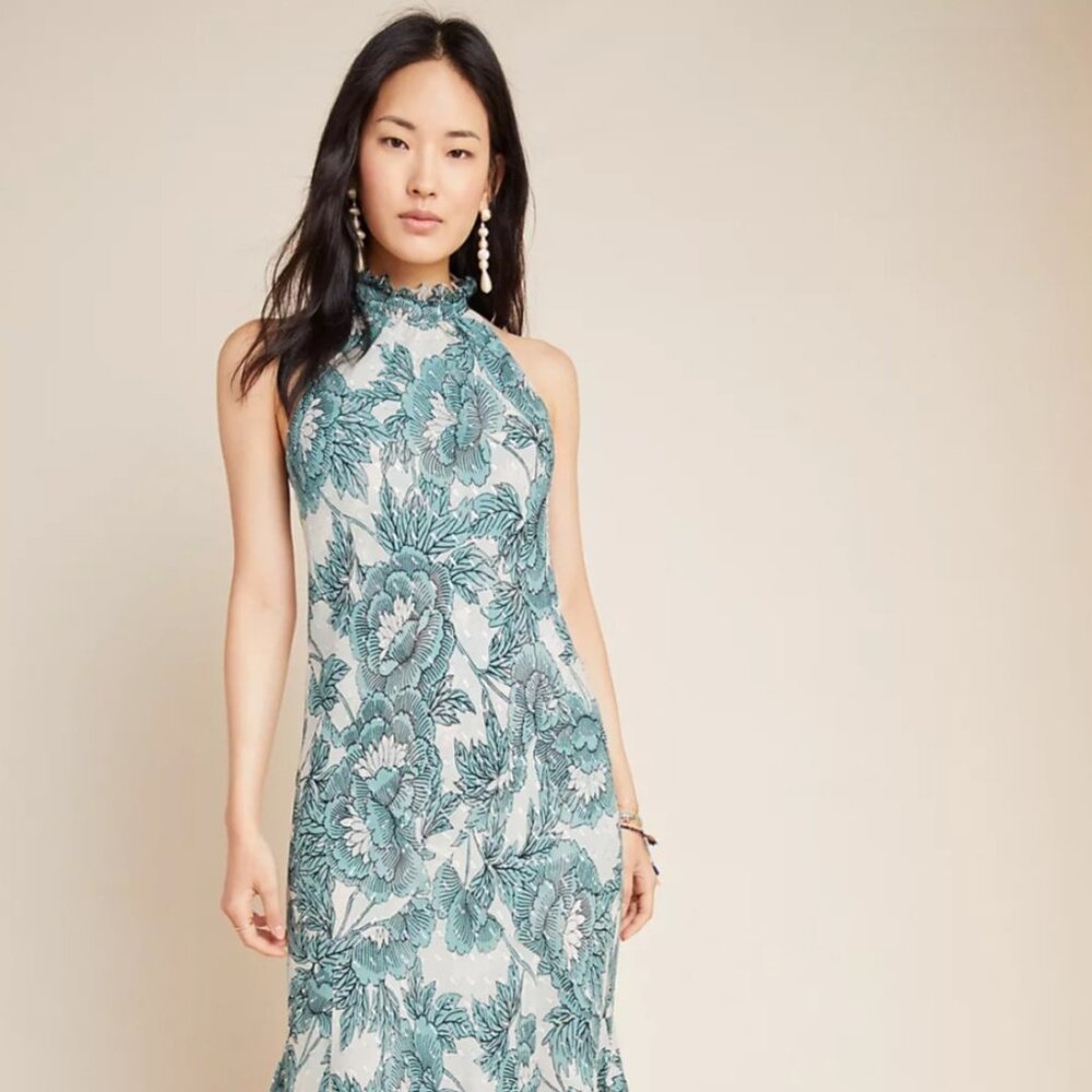 Diane von Furstenberg Floral Halter Maxi Dress Silver Drop Detail Size S - Picture 2 of 13